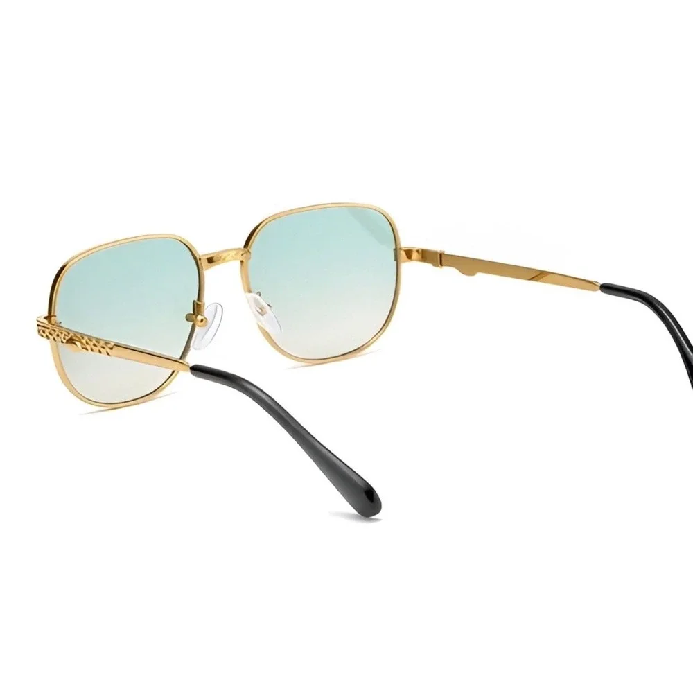 Mens Gold Square Aviator Sunglasses‎ Green Gradient Lens Textured Metal Frames